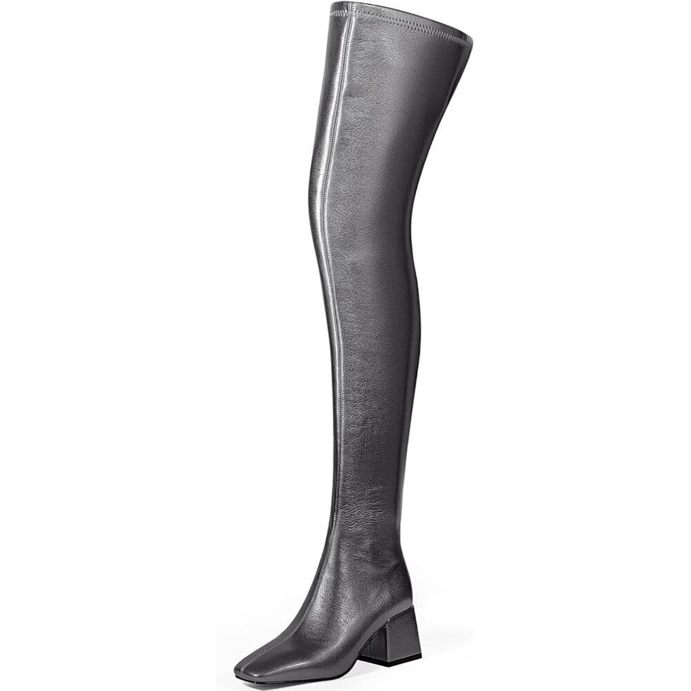 Women Grey Polyurethane Over the Knee Square Toe Block Heel Long Zipper Boots